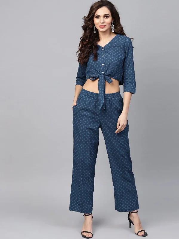 Women's Navy Blue Handblock Print Crop Top with Palazzos - AKS Seamless Knitted Crochet Women's Navy Blue Handblock Print Crop Top with Palazzos - AKS Seamless Knitted Crochet