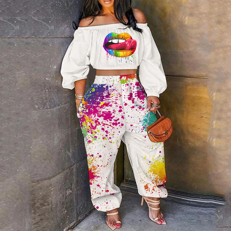 Off Shoulder Crop Top & Ink Splash Pants Set Spandex Blend Rayon Blend Denim Blend