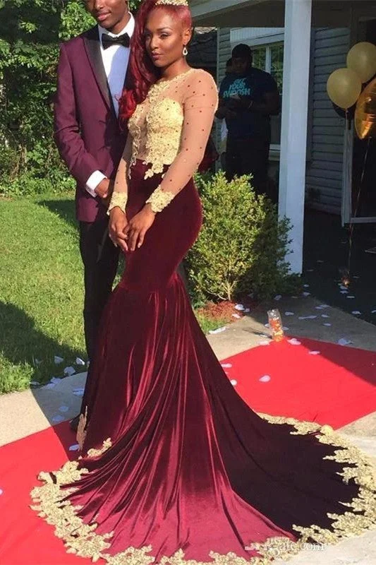 Gorgeous Appliques Burgundy Evening Dresses  Long Sleeve Velvet Prom Dress