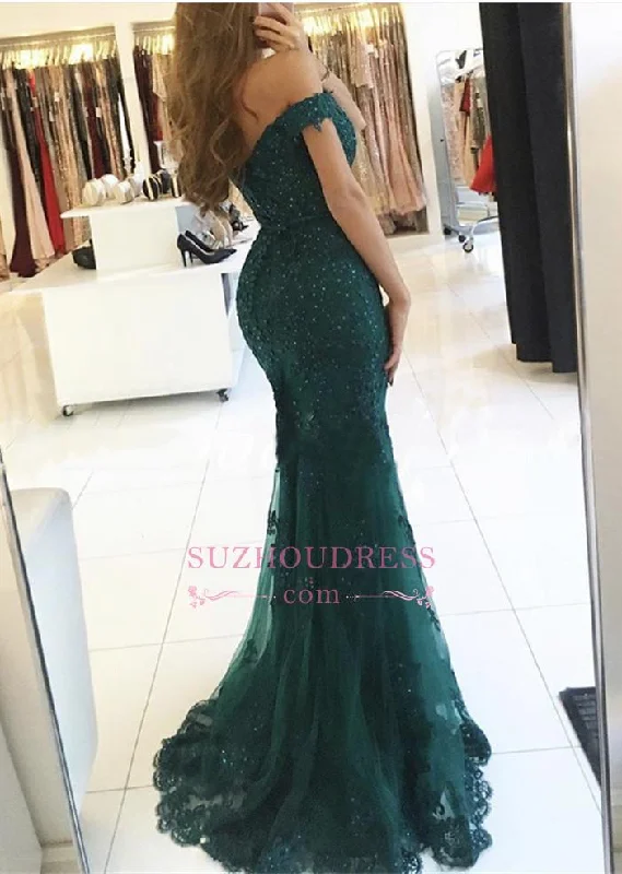 Dark Green Charming Mermaid Evening Gowns Off-the-Shoulder Lace Appliques Prom Dress AN0 Dark Green Charming Mermaid Evening Gowns Off-the-Shoulder Lace Appliques Prom Dress AN0