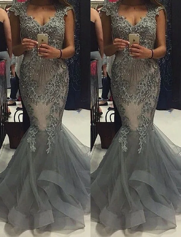 Mermaid V-Neck Tulle Cap Sleeves Crystal Elegant Evening Dress Open Back Prom Dresses Mermaid V-Neck Tulle Cap Sleeves Crystal Elegant Evening Dress Open Back Prom Dresses