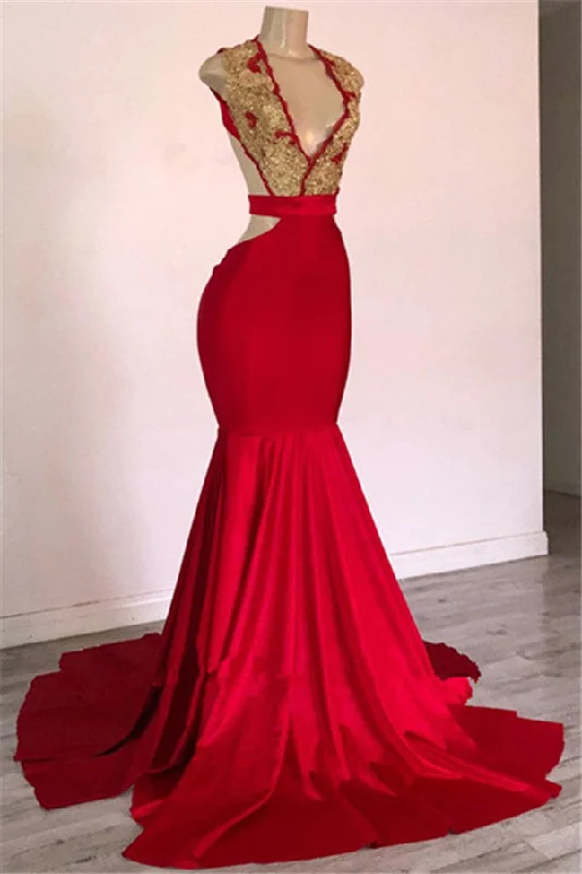Red Mermaid V-Neck Prom Dresses | Gold Appliques Open-Back Sexy Evening Dresses bc1968 Red Mermaid V-Neck Prom Dresses | Gold Appliques Open-Back Sexy Evening Dresses bc1968