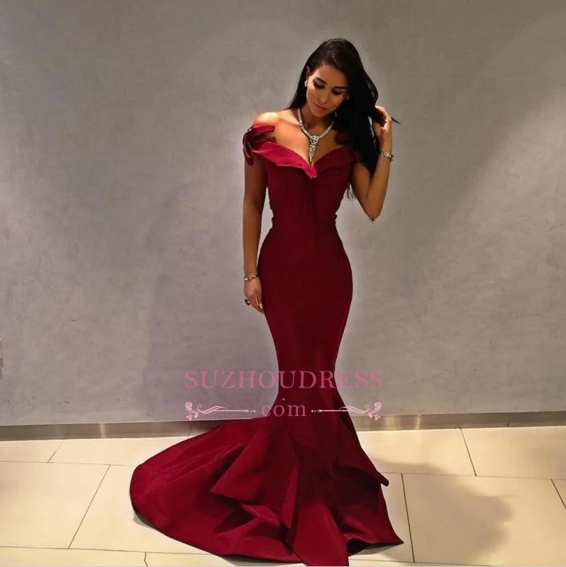 Long Ruffles Burgundy Mermaid evening Formal Gown Off-the-shoulder Popular Prom Dress SP0277 Long Ruffles Burgundy Mermaid evening Formal Gown Off-the-shoulder Popular Prom Dress SP0277