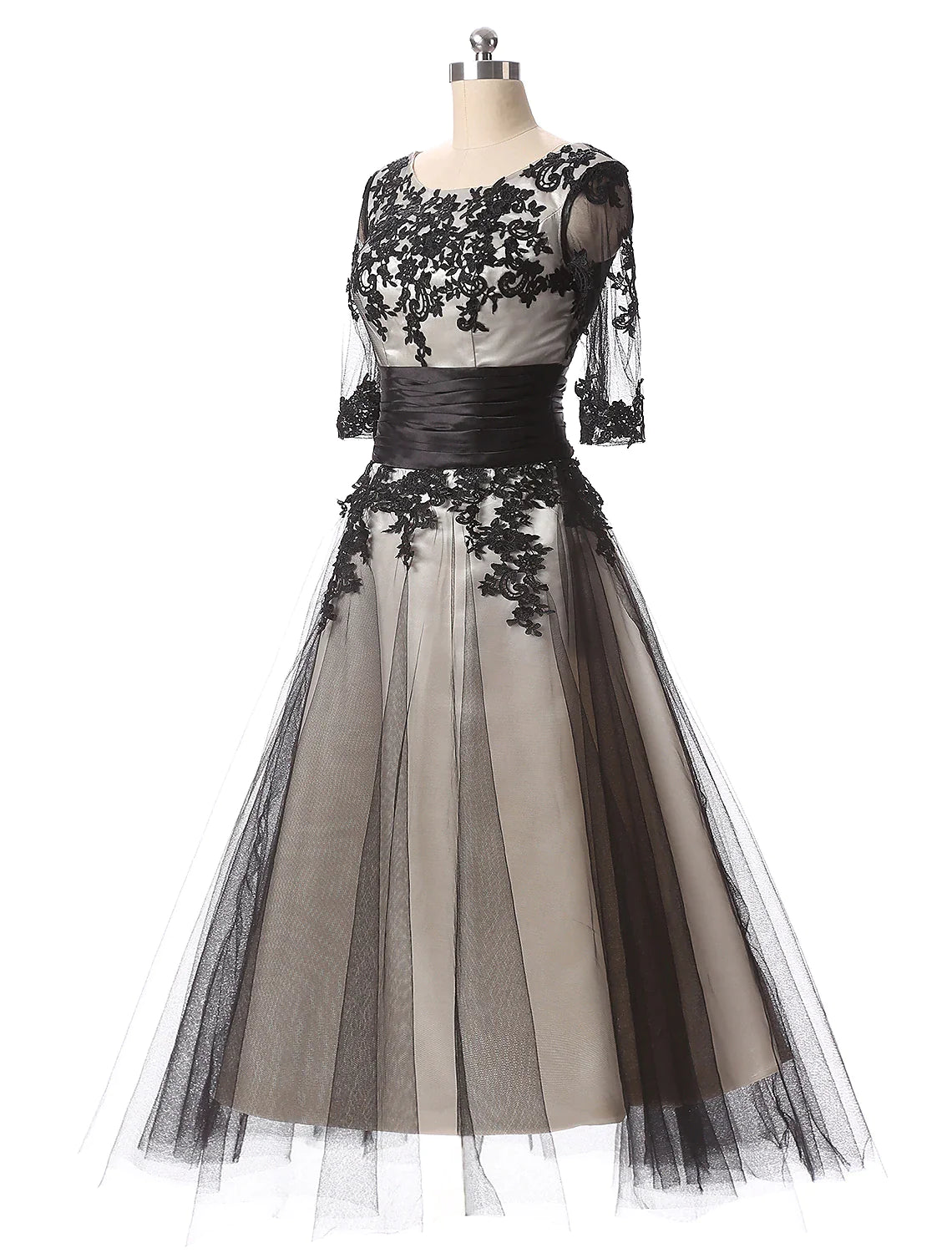 Evening Gown Dress Wedding Guest Ankle Length Half Sleeve Neck with Lace Appliques