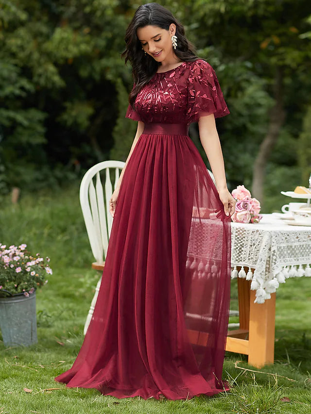 A-Line Prom Dresses Vintage Dress Prom Floor Length Short Sleeve Tulle with Sequin Ruffles Appliques A-Line Prom Dresses Vintage Dress Prom Floor Length Short Sleeve Tulle with Sequin Ruffles Appliques