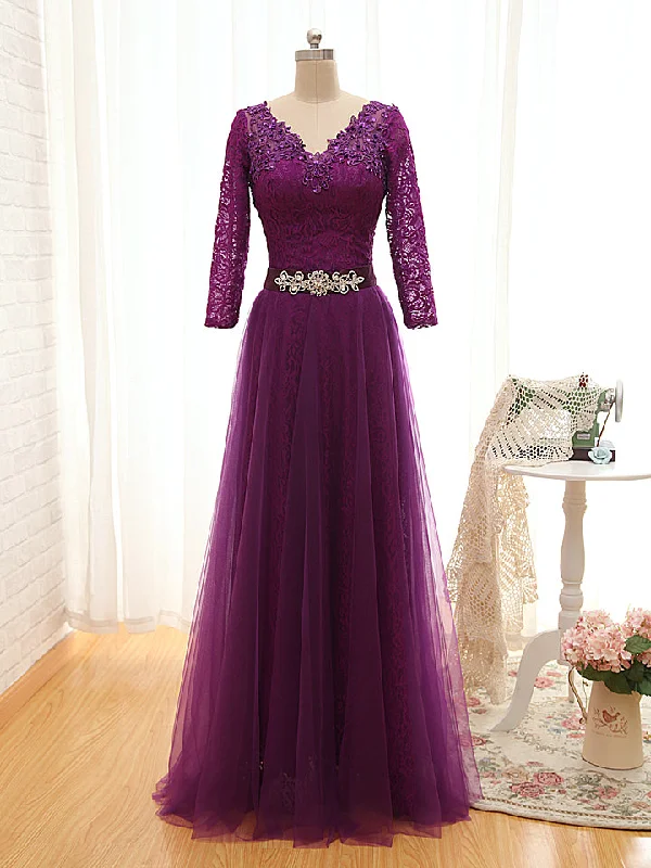 V-Neck Purple Long Sleeve Mother of the Bride Dress Sequins Lace Formal Evening Dress V-Neck Purple Long Sleeve Mother of the Bride Dress Sequins Lace Formal Evening Dress