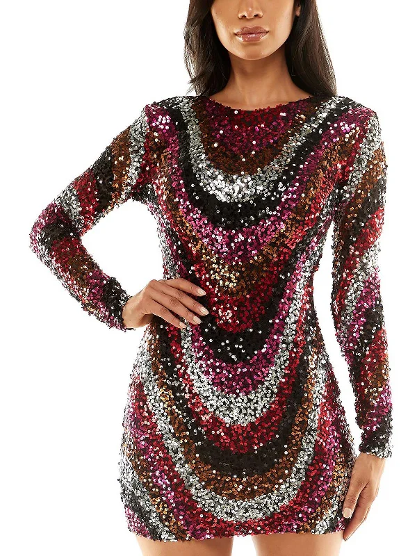 Juniors Womens Sequined Long Sleeves Cocktail and Party Dress Tunics Ceremony elegant