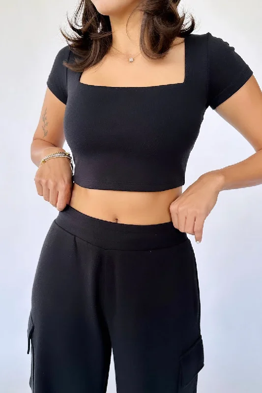 The Mini Square Crop Top in Black Mesh Blend Leather Blend Suede Blend