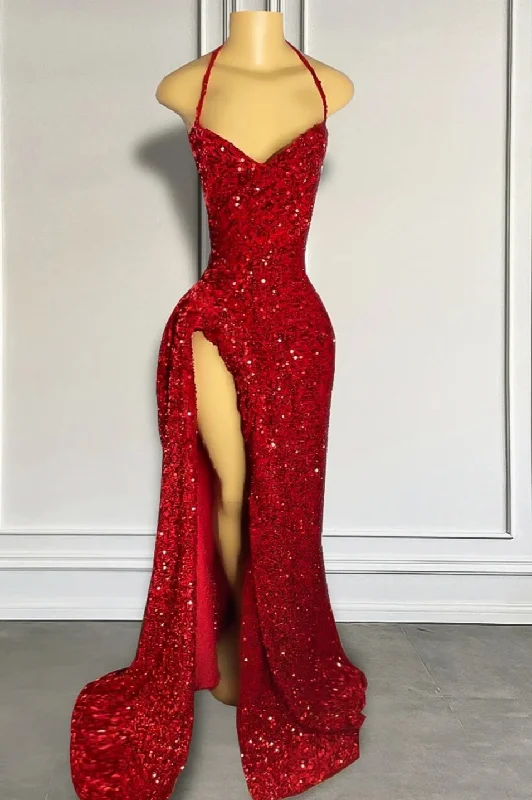 Halter Burgundy High Split Floor Length Prom Party Dresses Tunics Hiking breathable