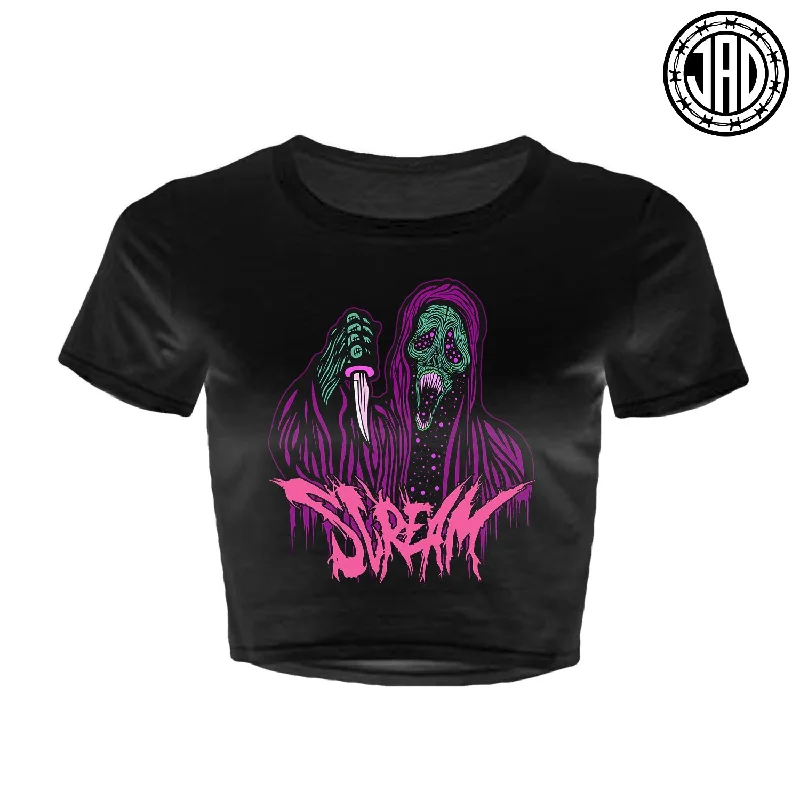 Black Scream Ghoul - Women's Crop Top Denim Fabric Leather Fabric Suede Fabric