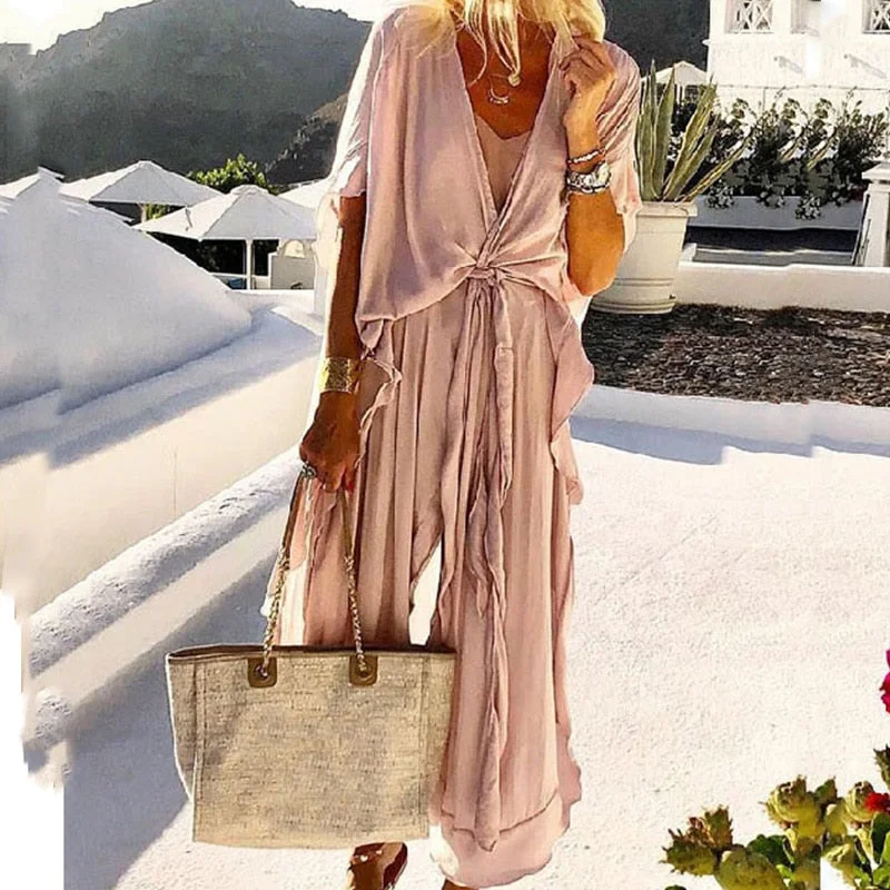 Wjczt Casual Summer Retro Solid Color Short Sleeve Party Dress Women Elegant Ruffle Long Dress Fashion Holiday Boho Loose Ladies Dress High-Low Hemline Casual