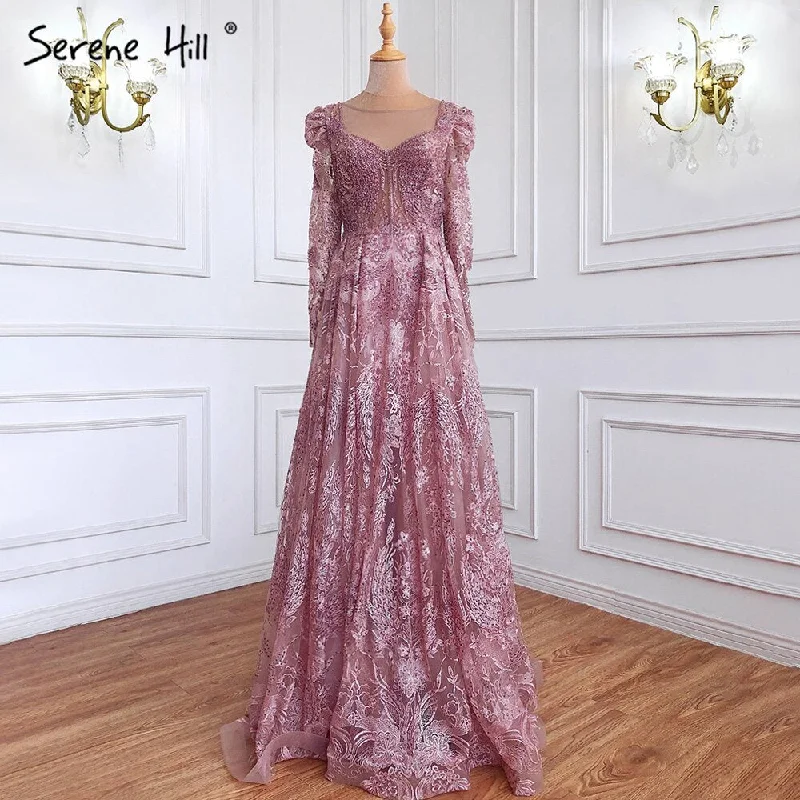 Serene Hill Muslim Luxury Pink Evening Dresses Gowns 2024 A-Line Beaded Lace For Women Party Dress LA71312 Tunics Velvet soft