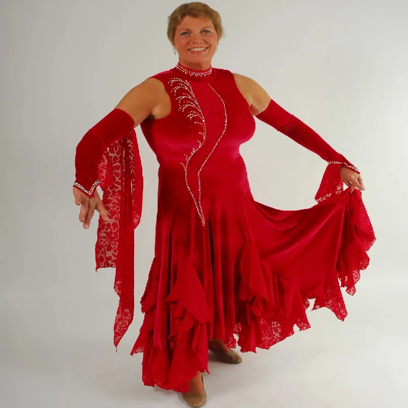 Red Stretch Velvet Ballroom Dress with Lace Insets & Accents on Sale-Romance Tunics Hiking breathable Red Stretch Velvet Ballroom Dress with Lace Insets & Accents on Sale-Romance Tunics Hiking breathable