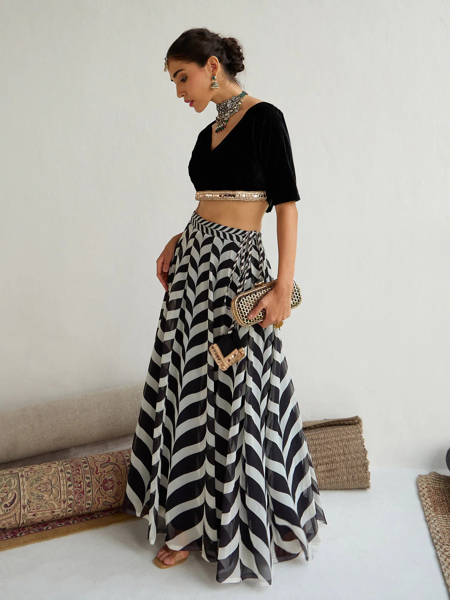Women Black Velvet Short Sleeves Crop Top With Anarkali Skirt-SHSET96066 Notch Collar Peter Pan Collar Cowl Neck Women Black Velvet Short Sleeves Crop Top With Anarkali Skirt-SHSET96066 Notch Collar Peter Pan Collar Cowl Neck