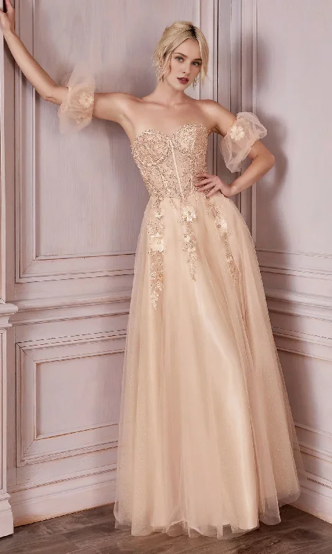 Strapless sweetheart A-line sheer bubble sleeves and floor length Prom dress