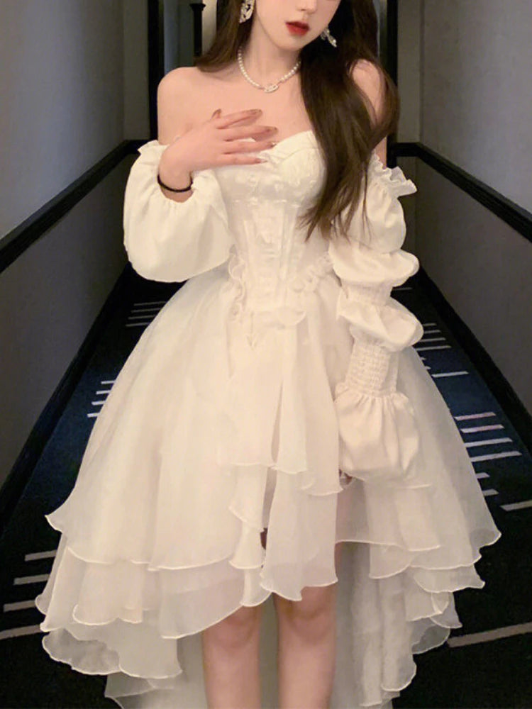 Wjczt Elegant Ruffles Chic Fairy Dress Women White Sweet Korean Style Princess Dress Female 2023 Summer Slash Neck Casual Party Dress Tunics Essential wardrobe