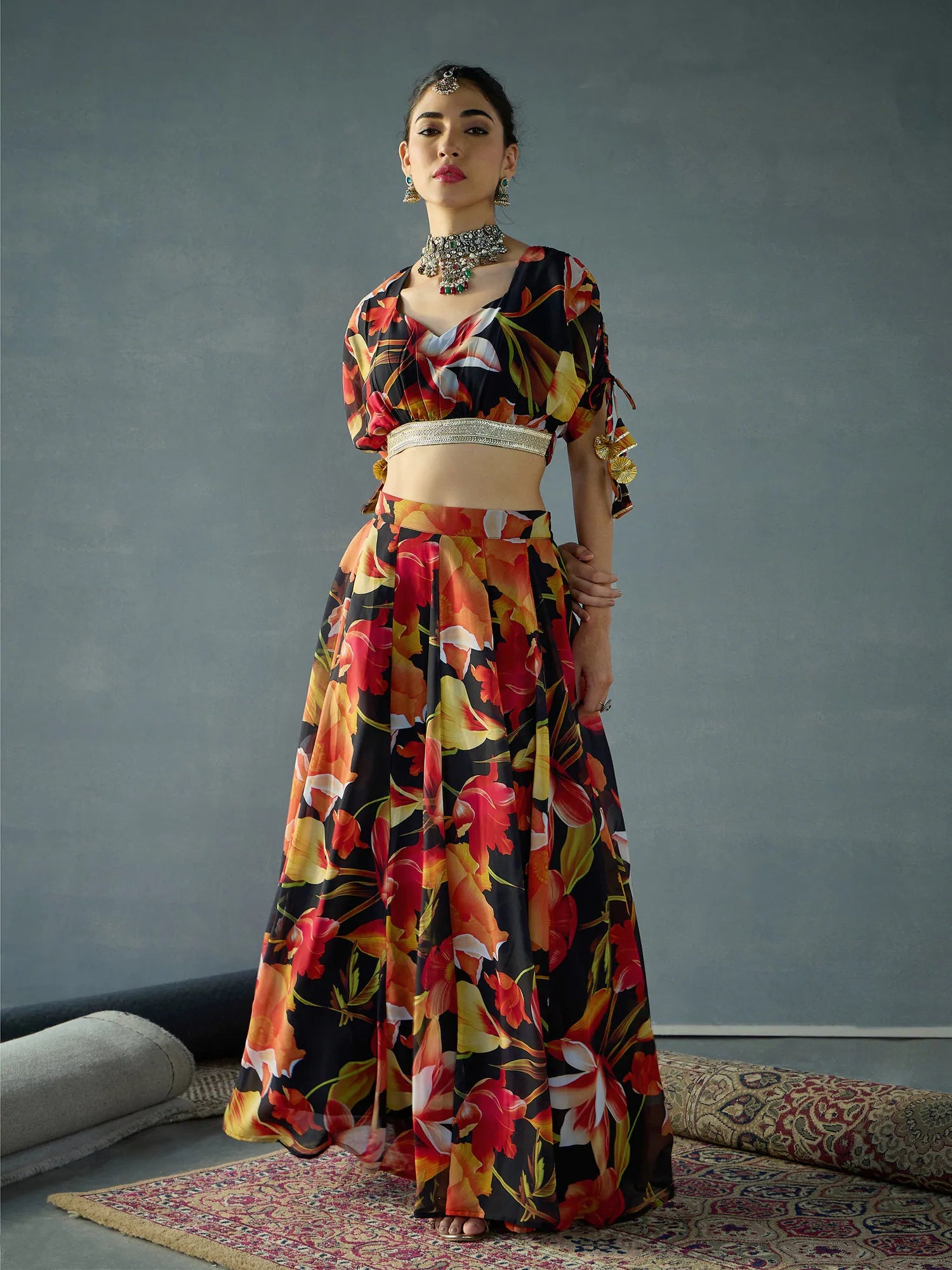 Women Black Floral Ruching Crop Top With Anarkali Skirt-SHSET96062 Front Pockets Side Pockets Patch Pockets Women Black Floral Ruching Crop Top With Anarkali Skirt-SHSET96062 Front Pockets Side Pockets Patch Pockets