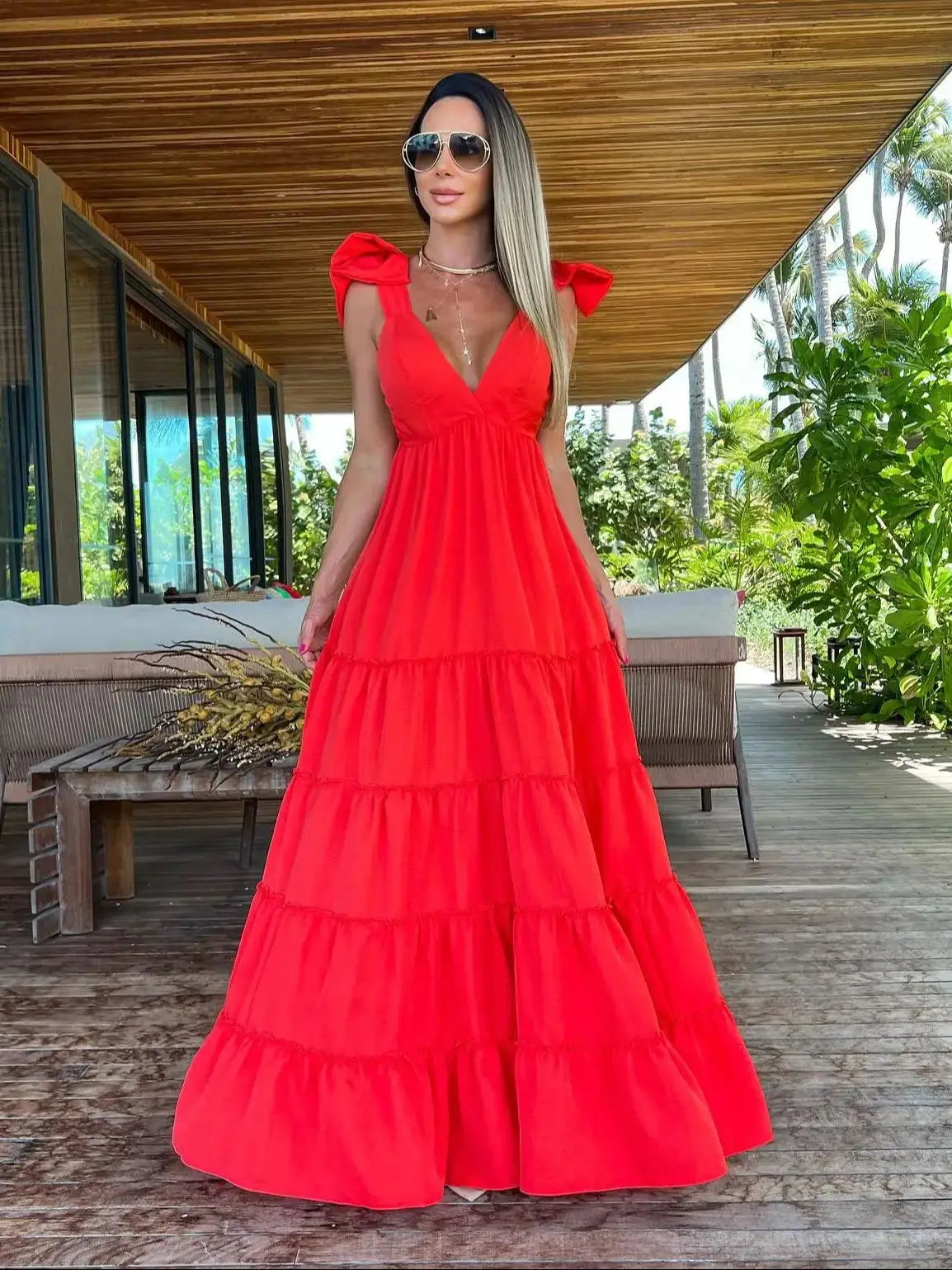 2025 Women V Neck One Piece Dress Strappy Backless Bow Beachwear Women Party Dresses Casual Summer Clothing Fashion Long Dress Tunics Denim casual