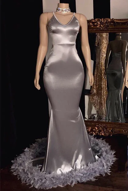Sexy Spaghetti Straps Mermaid Prom Dresses | Open Back Simple Evening Dress with Fur Sexy Spaghetti Straps Mermaid Prom Dresses | Open Back Simple Evening Dress with Fur