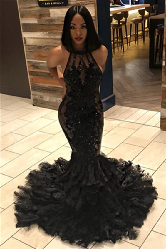 Black Halter Sleeveless Mermaid Prom Dresses | Elegant Open Back Appliques Evening Dresses  BC1273