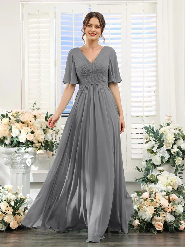 A-shaped V-shaped leader bridesmaid dress, suitable for wedding guests, long chiffon formal slit party dress Tunics Sophisticated sleek