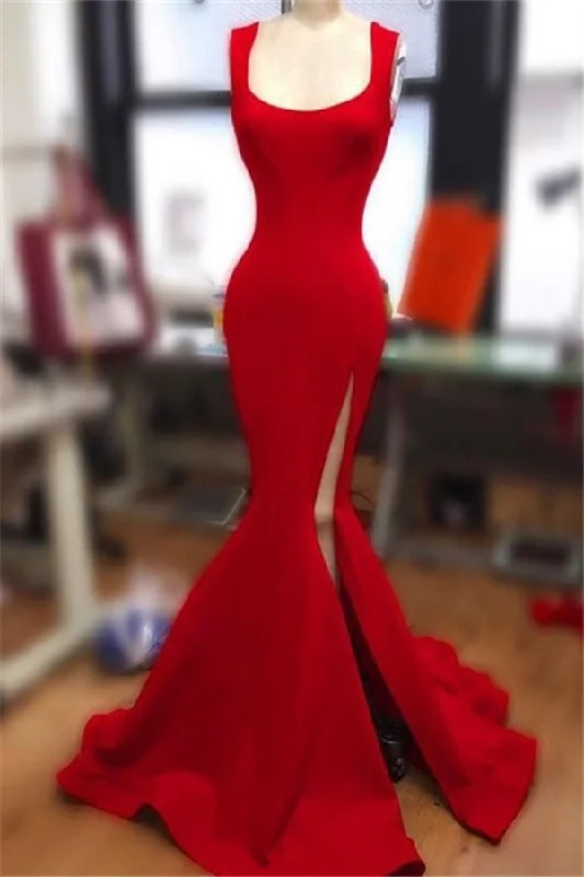 Straps Red Mermaid Sexy Split Prom Dresses  | Square Neckline Sleeveless Online Evening Gowns