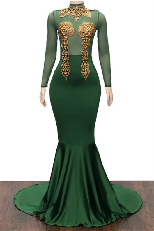 Sexy Long Sleeves High Neck Prom Dresses |  Mermaid Crystal Evening Dresses