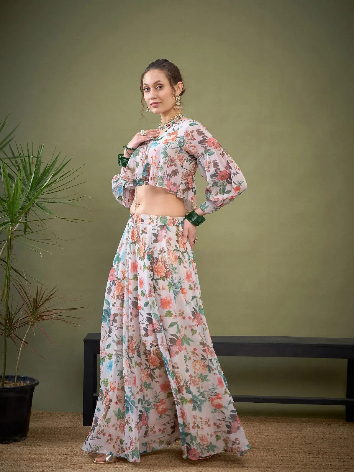 Women White Floral Anarkali Skirt With Peplum Crop Top Hooded Caped Shawl Collar