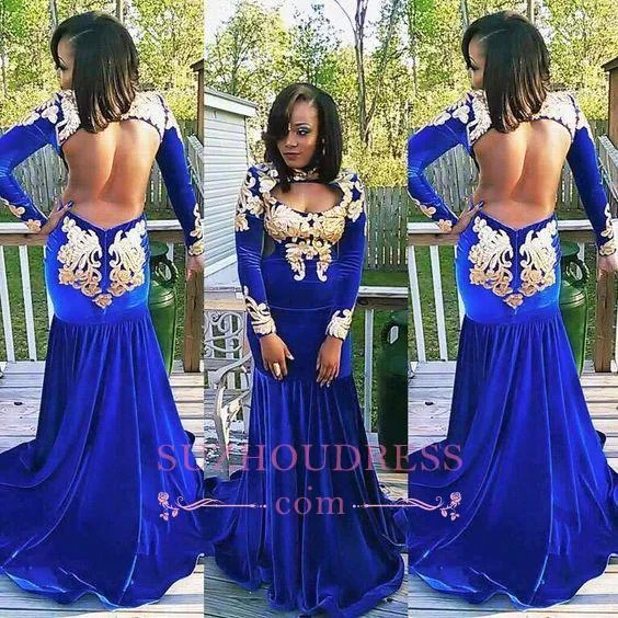 Royal Blue Evening Dress Appliques Gorgeous Long Sleeve Zipper Mermaid Velvet Prom Dress Royal Blue Evening Dress Appliques Gorgeous Long Sleeve Zipper Mermaid Velvet Prom Dress