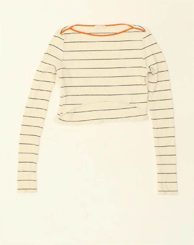 ZARA Womens Crop Top Long Sleeve UK 10 Small Off White Striped Cotton Asymmetrical Pockets Print ZARA Womens Crop Top Long Sleeve UK 10 Small Off White Striped Cotton Asymmetrical Pockets Print