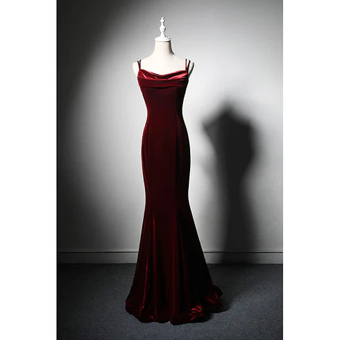 Beautiful wine red velvet mermaid wedding party dress, wine red bow shoulder strap backless and floor length evening dress Tunics Practical easy-care