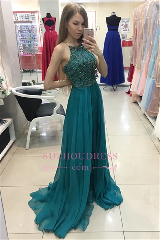 Glamorous Halter Crystal Evening Dresses |  Sleeveless Chiffon A-line Prom Dress