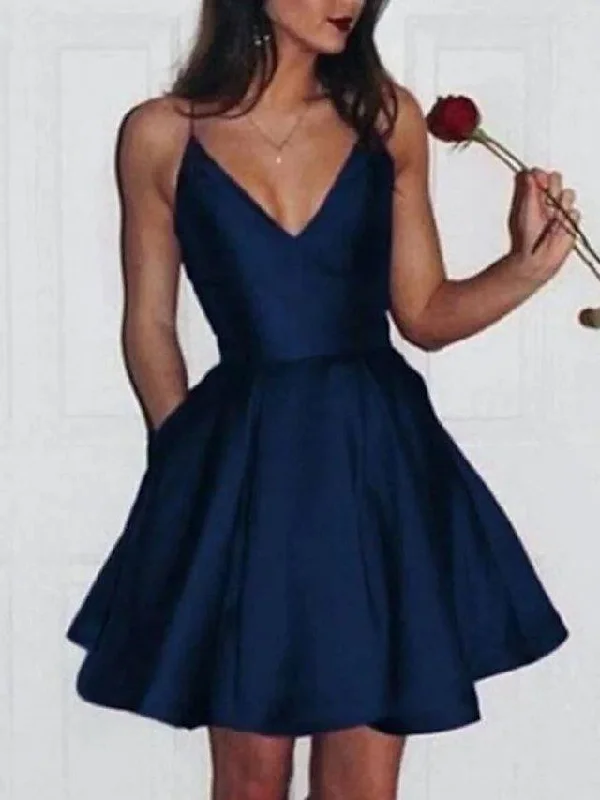 A-Line Minimalist Elegant Homecoming Cocktail Party Dress Spaghetti Strap Sleeveless Short / Mini Satin with Sleek Pleats Tunics Trousers formal