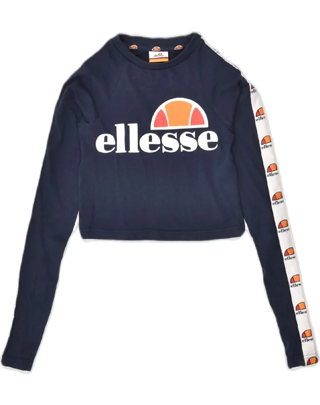 ELLESSE Womens Graphic Crop Top UK 4 XS Navy Blue Cotton Fleece Nylon Spandex