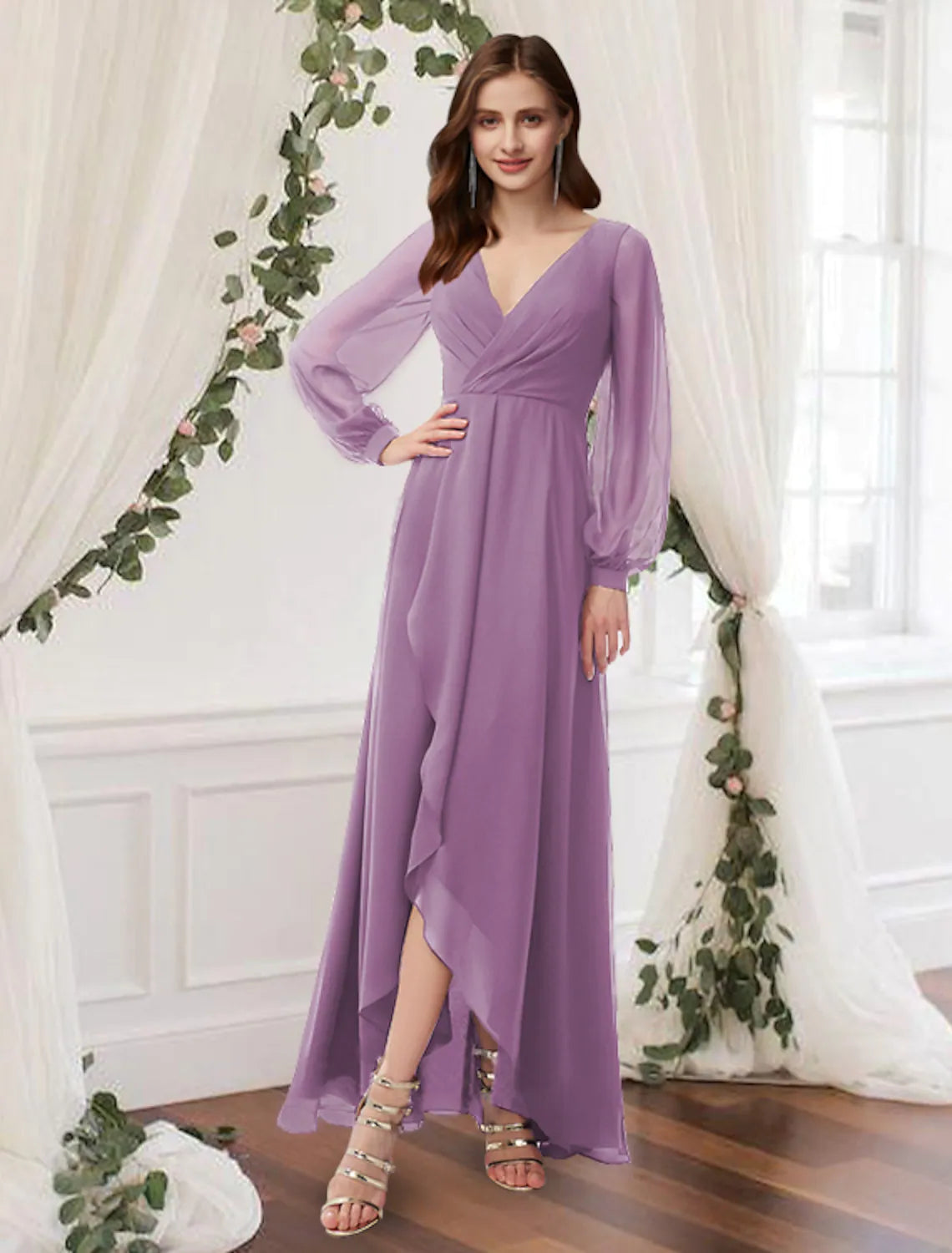 A-Line Prom Dresses Dress Wedding Guest Ankle Length Long Sleeve V Neck Chiffon with Pleats A-Line Prom Dresses Dress Wedding Guest Ankle Length Long Sleeve V Neck Chiffon with Pleats