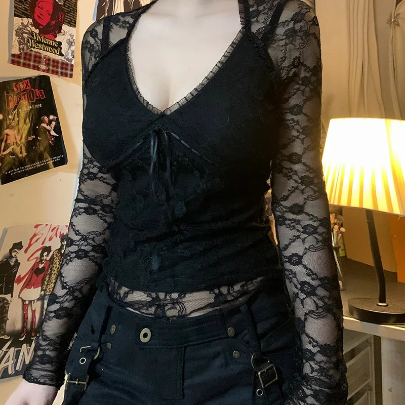 Gothic Black Women's Lace Patchwork See Through Long Sleeve V-neck Crop Top Striped Floral Plaid