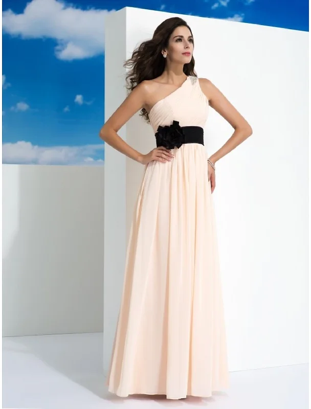 A-Line Prom Dresses Party Wear Floor Length Sleeveless One Shoulder Belt Sash Chiffon with Belt Ruched A-Line Prom Dresses Party Wear Floor Length Sleeveless One Shoulder Belt Sash Chiffon with Belt Ruched