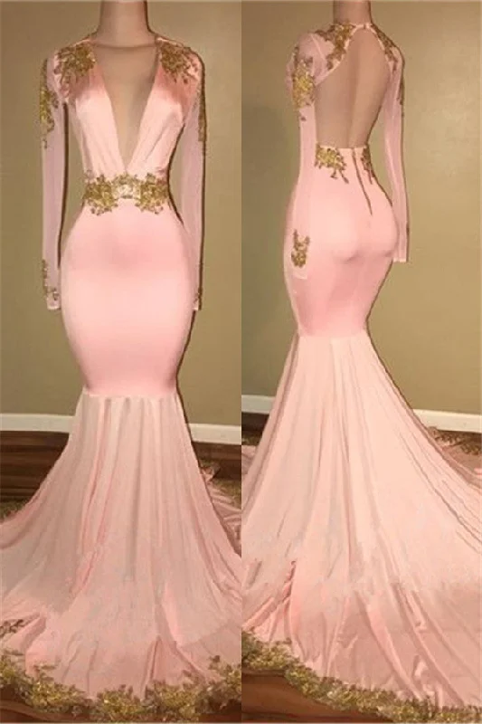 Sexy Deep V-neck Gold Beads Appliques Prom Dress Mermaid Long Sleeve Backless Evening Gown BA7606 Sexy Deep V-neck Gold Beads Appliques Prom Dress Mermaid Long Sleeve Backless Evening Gown BA7606