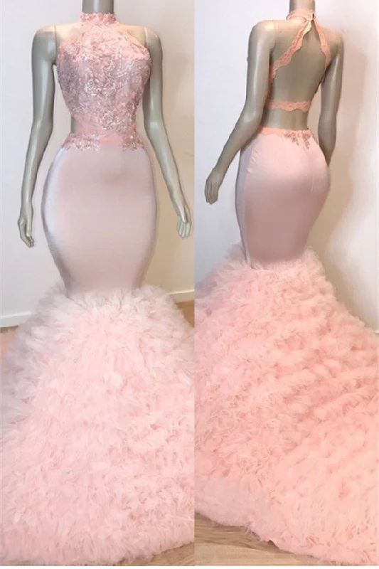 Open Back Ruffled Tulle Mermaid Prom Dress  | Beads Lace Appliques Pink Sexy Evening Gowns BC0983