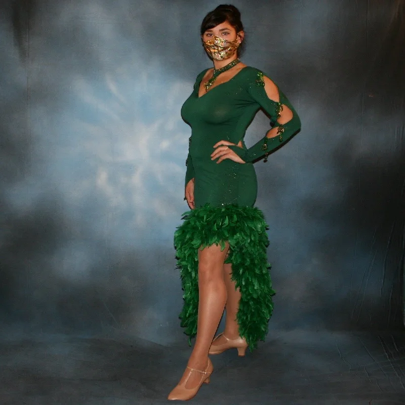 Emerald Green Slinky Latin-Rhythm Dress with Green Feathers, Gold Accents & Hand Beading-Jade empire Waist empire