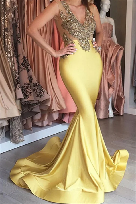 Sexy Sleeveless Stretch Beaded Appliques  V-neck Mermaid Yellow Prom Dress