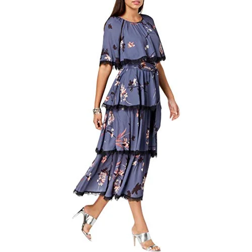 Avec Les Filles Junior's Tiered Floral Dress with Lace Trim, Blue/Multi, 4