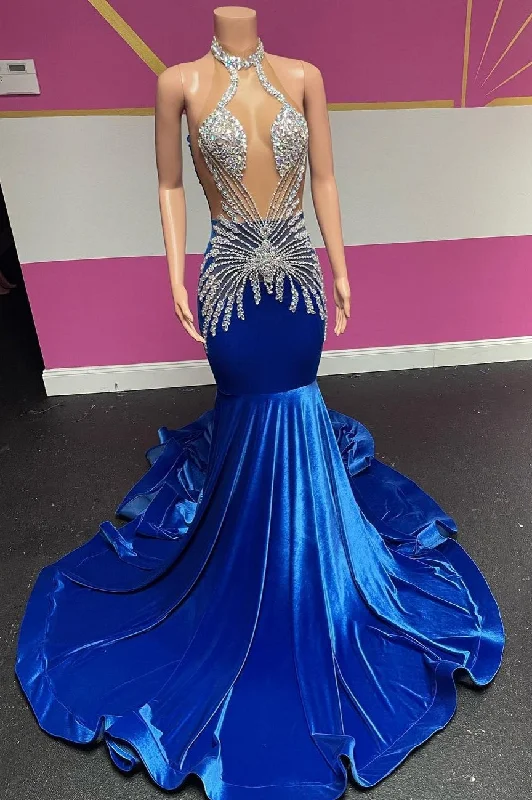 Royal Blue Halter Velvet Mermaid Silver Beaded Prom Party Dresses Tunics Business professional Royal Blue Halter Velvet Mermaid Silver Beaded Prom Party Dresses Tunics Business professional
