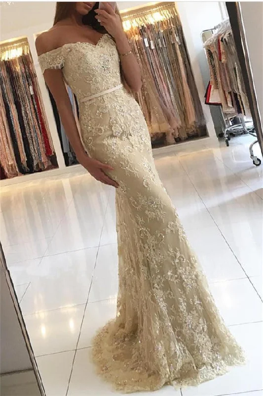 Off The Shoulder Champagne Lace Prom Dresses  Sexy Long Formal Evening Dress BA6944