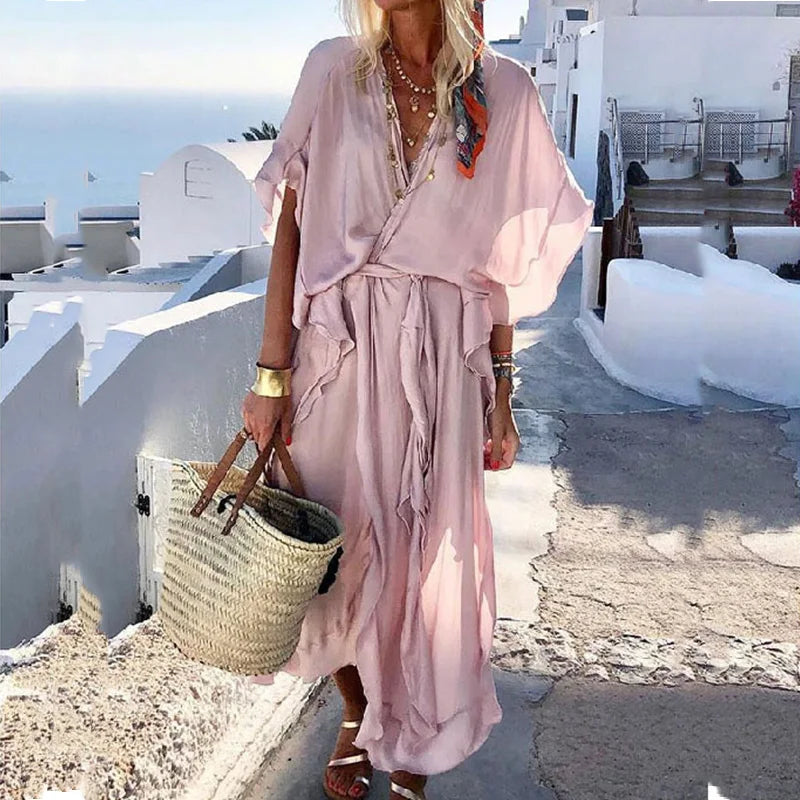 Wjczt Casual Summer Retro Solid Color Short Sleeve Party Dress Women Elegant Ruffle Long Dress Fashion Holiday Boho Loose Ladies Dress Satin Halter Glamorous