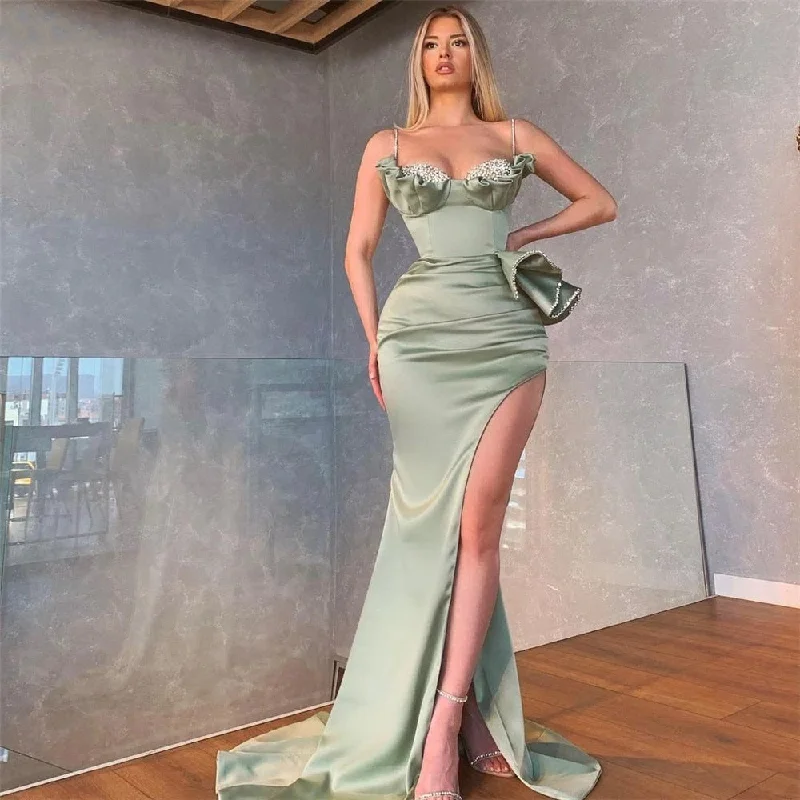 Prom Dresses  Cinessd Sunny Mermaid Satin Long Prom Dresses High Slit Side Beaded Formal Women Party Dress Pleats Evening Gowns Custom Size Crew Neckline Casual