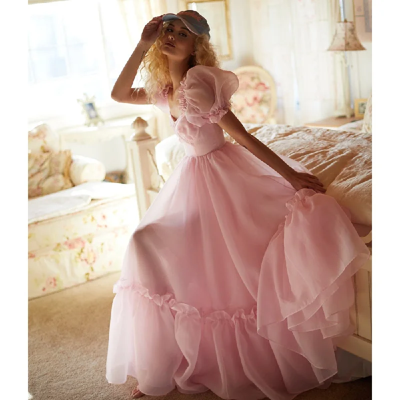 Princess Evening Dresses 2022 Puffy Sleeve Floor-Length Organza Party Dress Custom Girl Pink Cute Prom Gowns Vestidos De Fiesta Tunics Trendy modern