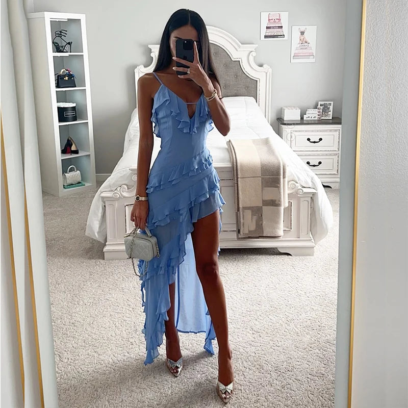 Wjczt  Elegant Solid Color High Split Layered Dress Sexy V-neck Ruffle Irregular Party Dress Female Sleeveless Holiday Slim Beach Dress Tunics Corduroy durable