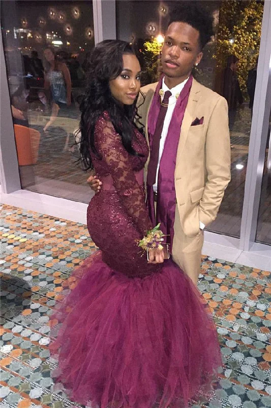 Mermaid Long Sleeve Prom Dresses  Lace Tulle Popular Burgundy Evening Gown FB0010