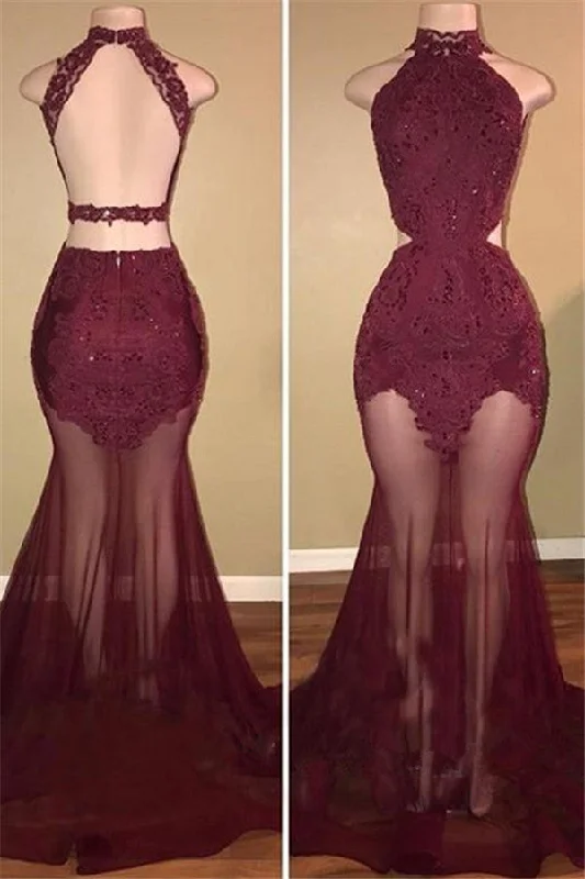 High Neck Burgundy Lace Sexy Prom Dresses  Open Back Sheer Tulle Long Evening Dress BA7713